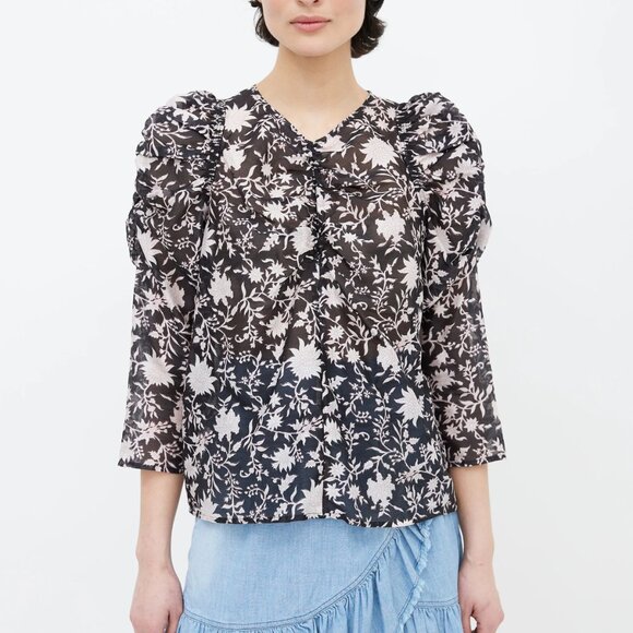 Ulla Johnson Black Silk & Cotton Printed Pink Floral Sheer Blouse - Picture 1 of 9